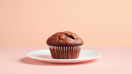 A freshly baked chocolate muffin sits on a white plate. The soft pink background enhances the warm tones of the muffin, creating an inviting atmosphere perfect for a cozy snack