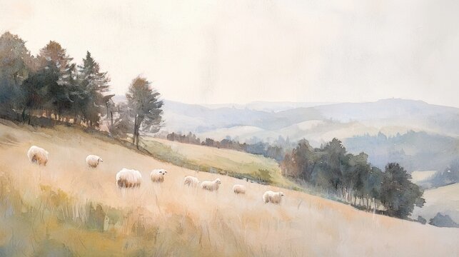 A painting of a field with a group of sheep grazing