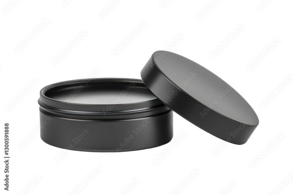 Aufkleber Black container with lid open shows product inside on transparent background