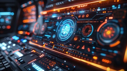 Fototapeta premium Futuristic interface with blue and orange glowing elements.