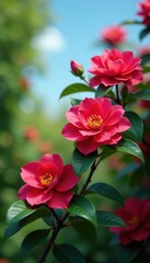 Fototapeta premium Vibrant red camellia blooms, lush green foliage, clear blue spring sky , green, floral, botany