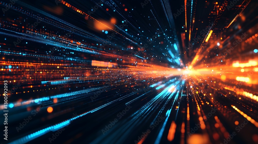 Poster abstract digital background with glowing light lines and blue, orange, and red color blocks on a bla