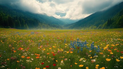 Colorful meadow, mountains, cloudy sky, peaceful scene, nature, stock photo