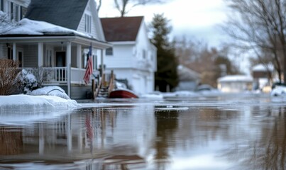 Flooded street reflects homes and American flag during winter.