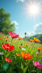 Obraz premium Vibrant wildflowers bloom in a sun-drenched meadow , blooming, botany, colorful