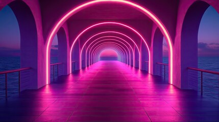 Neon archway pier at sunset over ocean; futuristic, photorealistic 3D render