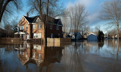 Fototapeta premium Flooded houses reflect in water after a significant weather event.