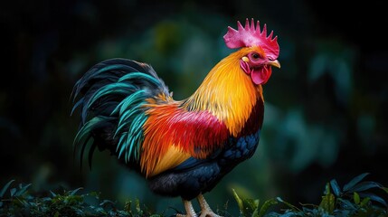 Colorful rooster in garden setting