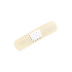 Clean, high-resolution stock photo A single adhesive bandage isolated against a pure white background, shot from a directly overhead perspective. 