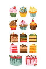 birthday cake slice, Raspberry Strawberry mousse cake, cupcake, creamy cake, muffin sticker collection