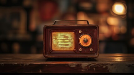 Vintage radio with glowing dial emitting static and crackling sounds on wooden table, surrounded by old-fashioned furniture, evoking a nostalgic atmosphere.