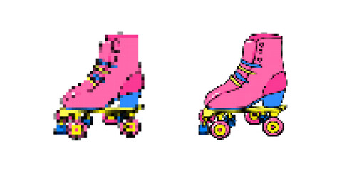 Pink roller skates feature bright blue heels, multicolor laces, and wheels with yellow bases.
