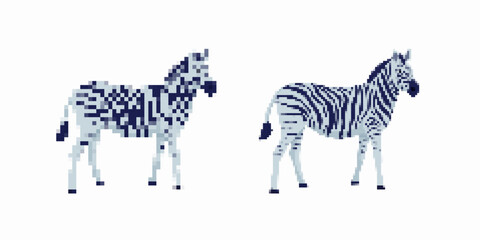 A zebra shown in two styles: simple pixel art blocks and detailed pixel stripes showcasing variety.