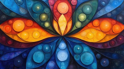 Abstract floral design, vibrant colors, symmetrical pattern, digital art, background