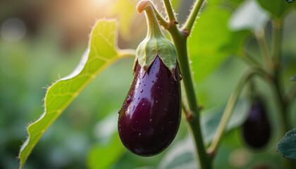 Ripe eggplant hanging on vine in a sunny garden