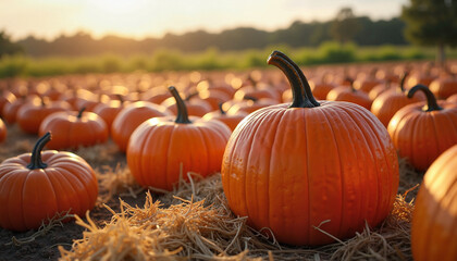 Ripened pumpkins in an expansive autumn patch at sunset