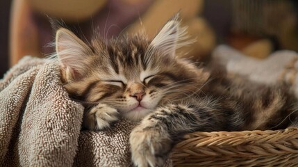 A cat is sleeping on a towel