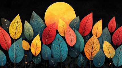 Autumn leaves sunset forest night art design