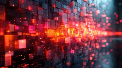 Abstract digital wall with glowing squares. Background  futuristic technology. Use Stock photo for technology, innovation, and digital art
