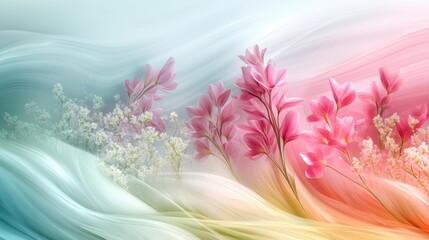 Abstract floral design, soft colors, flowing ribbons, delicate flowers