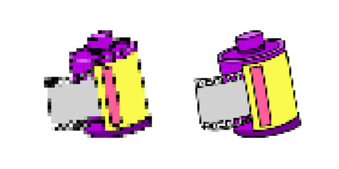 Obraz premium Two colorful vintage film rolls with gray film strips extending from purple and yellow canisters.