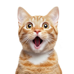 Orange cat with a surprised and shocked expression, its mouth open on transparent background