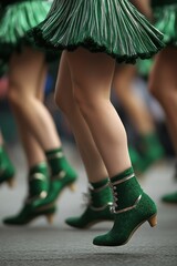 Dancing legs wearing green green boots and skirts.