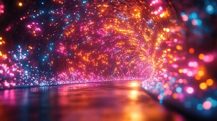 Illuminated tunnel, vibrant lights, abstract background, futuristic setting, digital art