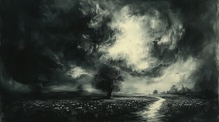 Lonely tree, stormy sky, field, creek, dramatic landscape, art print