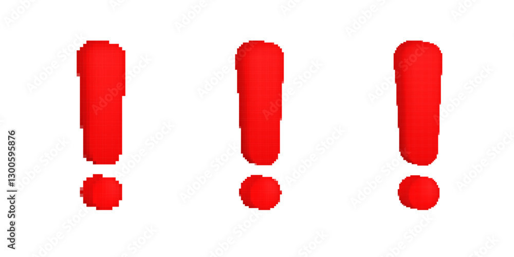 Poster three pixelated red exclamation marks with a glossy effect, featuring a bold digital typography styl