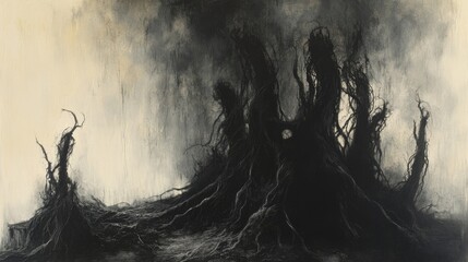 Dark, gnarled tree, misty swamp, ominous background, horror/fantasy art
