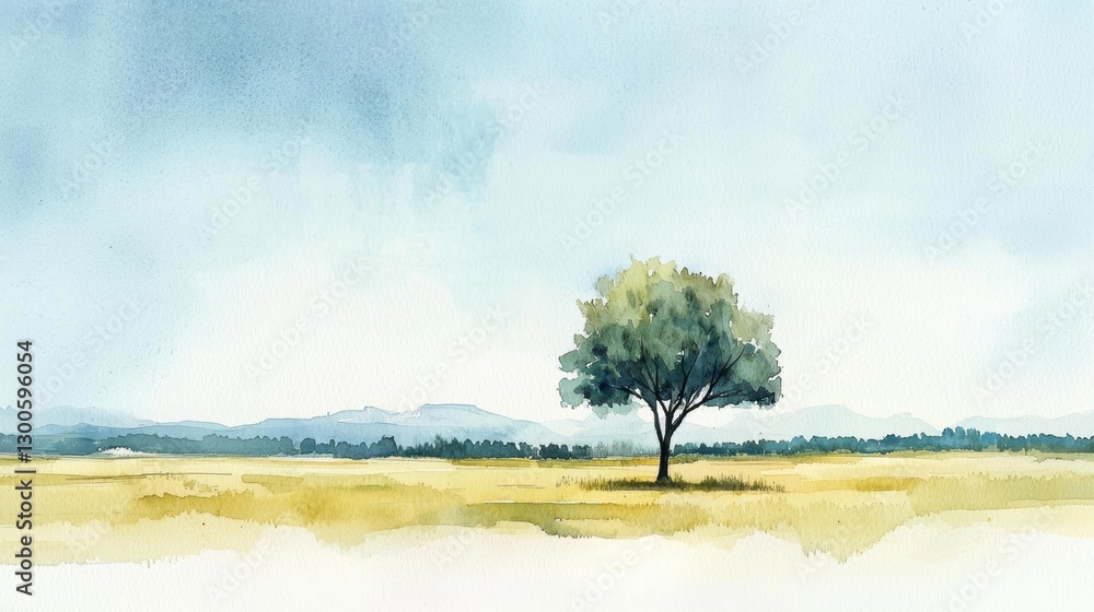 Poster a tree stands in a field with a blue sky in the background