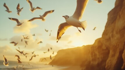 Birds Interacting on Shoreline at Golden Hour