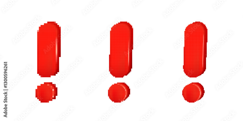 Poster three pixelated red exclamation marks with a glossy effect, designed in a bold digital typography st