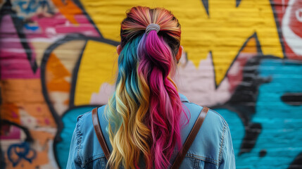 Obraz premium A woman with colorful hair standing in front of a graffiti wall, people, photo style