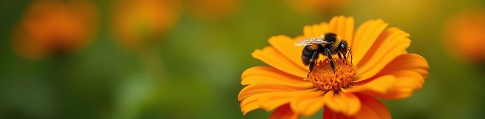 A solitary bumblebee lands on an orange marigold bloom in the garden, nature, flowers