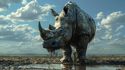 Fototapeta premium A majestic rhinoceros standing in a muddy landscape under a blue sky with fluffy clouds, showcasing wildlife resilience