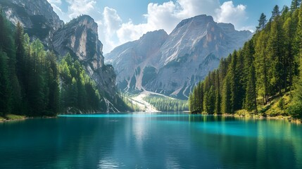 A dense forest of tall, green pine trees in the mountains