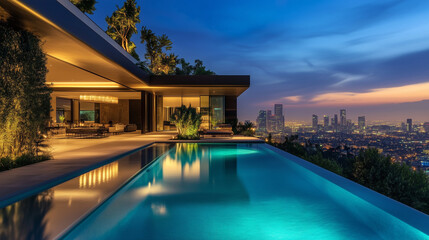 Luxurious villa with an infinity pool overlooking the city skyline, house, photo style