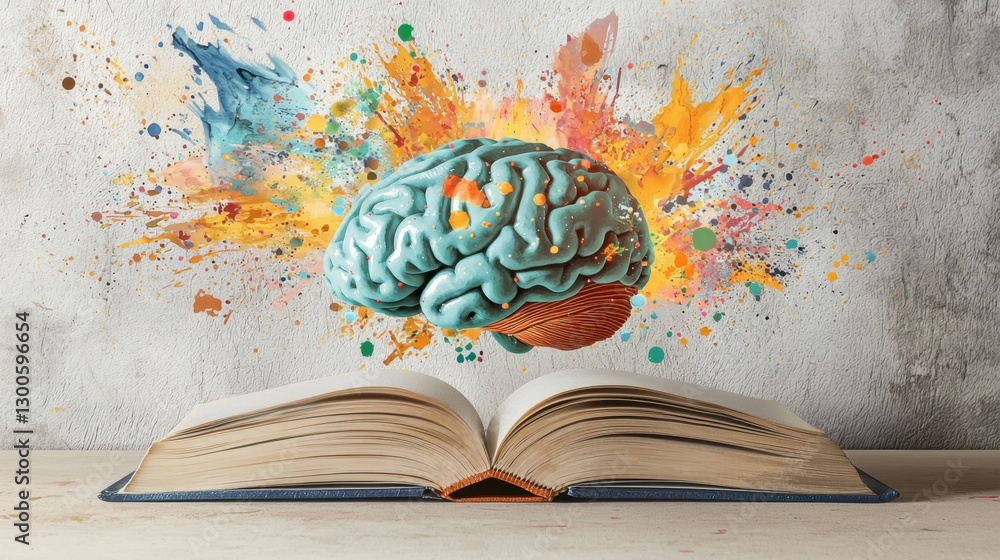 Poster a book is open to a page with a brain on it