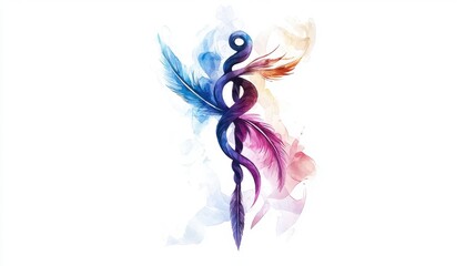 Obraz premium A colorful snake with a blue, red, and purple tail is curled around a white