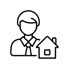 Real estate agent with house icon, symbolizes property marketing, black outline, modern design