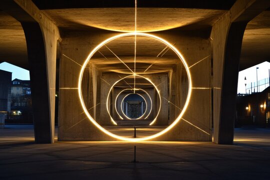 Giant compasses drawing circular realities with geometric lighting patterns and line emphasis