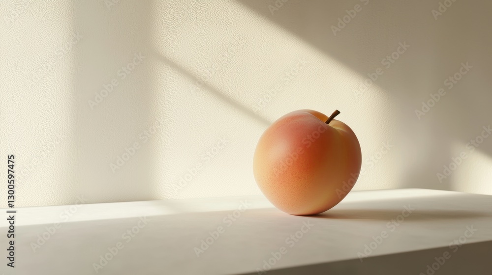 Poster a single peach sits on a table in front of a window