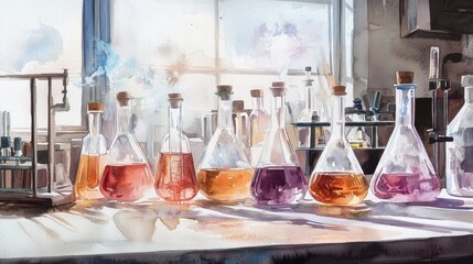 A painting of a lab with many glass beakers of different colors