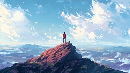 Adventurer reaching new heights mountain peak digital art scenic landscape eye-level view empowerment and perseverance