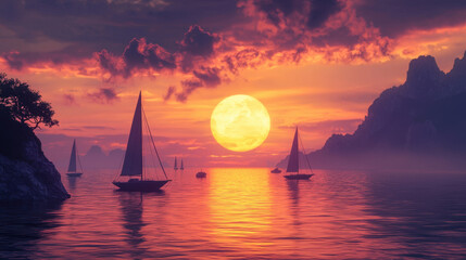 Fototapeta premium A beautiful sunset with a large sun and a few sailboats in the water