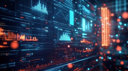 Fototapeta premium Futuristic server room showing complex data analysis with graphs and statistics being processed, representing big data, cloud computing, artificial intelligence and the power of modern technology