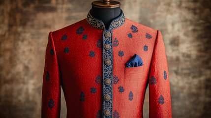 red sherwani mockup with classic blue embroidery, minimalist and modern design with smooth lines, presented in Indian fashion catalog. ai generated images.