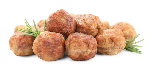 Pile of delicious meatballs and rosemary isolated on white